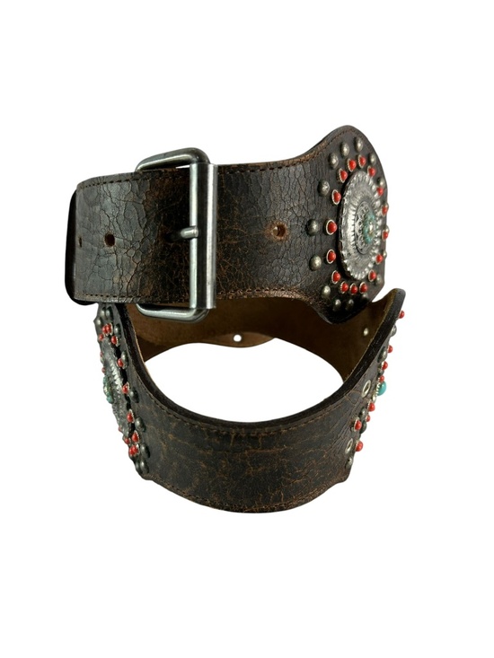 Rare Vintage STREETS AHEAD Brown Wide Leather Western Belt Conchos M 34 USA main image 9